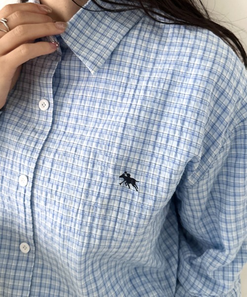 POLOCHAMPS(ポロチャンプス)の「POLOCHAMPS(ポロチャンプス)/チェックシャツ オーバーサイズ コットン 羽織 ワンポイント刺繍(シャツ/ブラウス・レディース・ブラウン/ブラック/ブルー・FREE)」の22枚目の写真