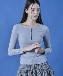 ラウンドネッククロップスリムやりフィットボタン長袖Tシャツインナー[GRAY] KGL。