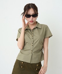 ATELIER BOZ タイ付き　半袖　ブラウス　シャツ　カーキ レディースのシャツ/ブラウス（グリーン・カーキ/緑色系・ストライプ柄