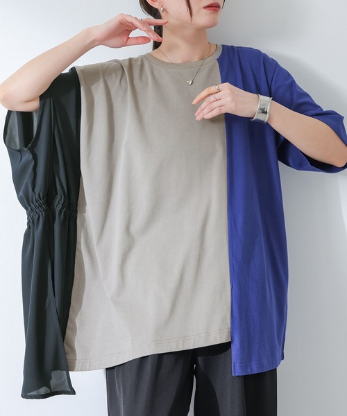 kOhAKU(コハク)の「シフォンシャーリングアシメカットソー(Tシャツ/カットソー・レディース・ブラック/グレー・FREE)」の1枚目の写真