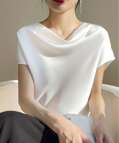 SallyLunn(サリーラン)の「【上品なドレープ】フレンチスリーブトップス(Tシャツ/カットソー・レディース・ブラック/ピンク/アイボリー・MEDIUM/LARGE)」の7枚目の写真
