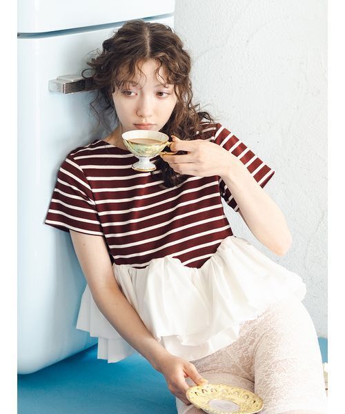 FURFUR(ファーファー)の「ペプラムボーダーTシャツ(Tシャツ/カットソー・レディース・ブラック/ホワイト/バーガンディー・F)」の3枚目の写真