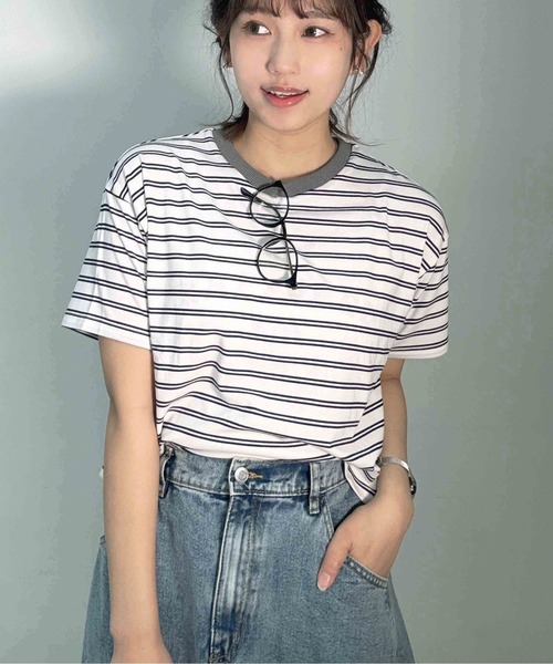 AS KNOW AS plus(アズノゥアズプラス)の「〇マルチボーダー半袖Tシャツ【接触冷感】(Tシャツ/カットソー・レディース・グレー系/ホワイト系/グリーン系/ブラック系・FREE)」の2枚目の写真