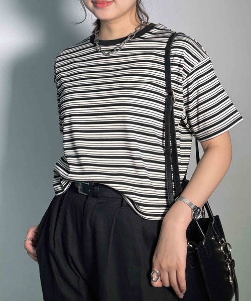 AS KNOW AS plus(アズノゥアズプラス)の「〇マルチボーダー半袖Tシャツ【接触冷感】(Tシャツ/カットソー・レディース・グレー系/ホワイト系/グリーン系/ブラック系・FREE)」の3枚目の写真