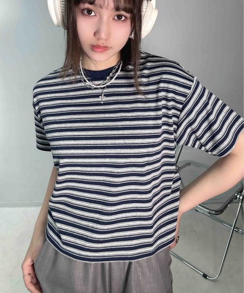 AS KNOW AS plus(アズノゥアズプラス)の「〇マルチボーダー半袖Tシャツ【接触冷感】(Tシャツ/カットソー・レディース・グレー系/ホワイト系/グリーン系/ブラック系・FREE)」の4枚目の写真