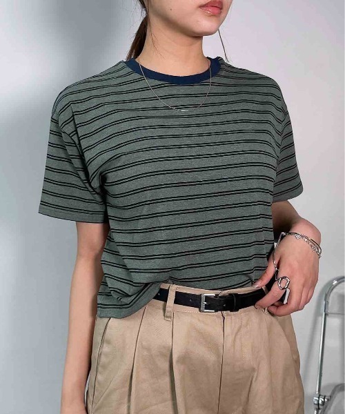AS KNOW AS plus(アズノゥアズプラス)の「〇マルチボーダー半袖Tシャツ【接触冷感】(Tシャツ/カットソー・レディース・グレー系/ホワイト系/グリーン系/ブラック系・FREE)」の1枚目の写真