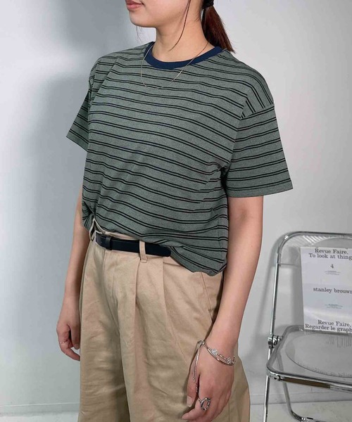 AS KNOW AS plus(アズノゥアズプラス)の「〇マルチボーダー半袖Tシャツ【接触冷感】(Tシャツ/カットソー・レディース・グレー系/ホワイト系/グリーン系/ブラック系・FREE)」の7枚目の写真
