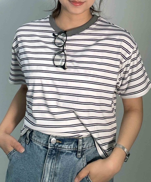 AS KNOW AS plus(アズノゥアズプラス)の「〇マルチボーダー半袖Tシャツ【接触冷感】(Tシャツ/カットソー・レディース・グレー系/ホワイト系/グリーン系/ブラック系・FREE)」の12枚目の写真