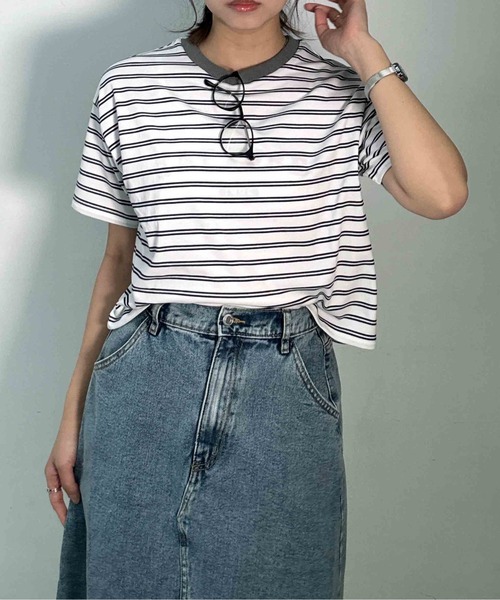 AS KNOW AS plus(アズノゥアズプラス)の「〇マルチボーダー半袖Tシャツ【接触冷感】(Tシャツ/カットソー・レディース・グレー系/ホワイト系/グリーン系/ブラック系・FREE)」の13枚目の写真