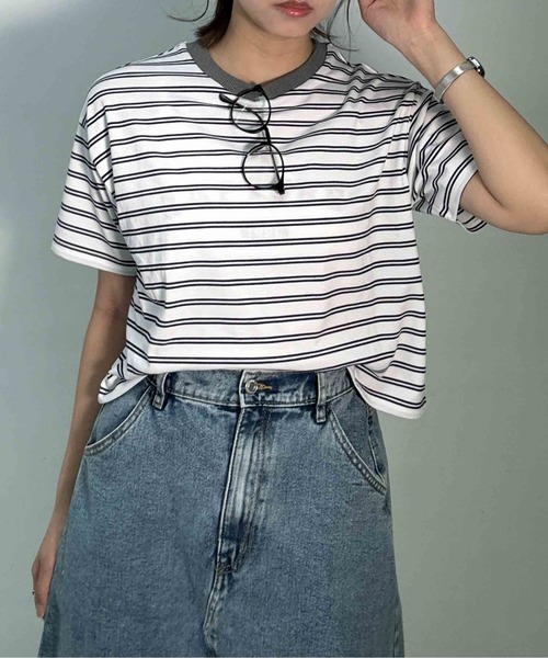 AS KNOW AS plus(アズノゥアズプラス)の「〇マルチボーダー半袖Tシャツ【接触冷感】(Tシャツ/カットソー・レディース・グレー系/ホワイト系/グリーン系/ブラック系・FREE)」の14枚目の写真