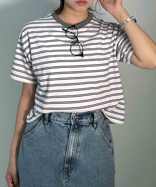 AS KNOW AS plus(アズノゥアズプラス)の「〇マルチボーダー半袖Tシャツ【接触冷感】(Tシャツ/カットソー・レディース・グレー系/ホワイト系/グリーン系/ブラック系・FREE)」の15枚目の写真