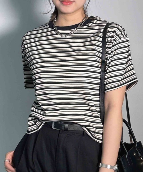 AS KNOW AS plus(アズノゥアズプラス)の「〇マルチボーダー半袖Tシャツ【接触冷感】(Tシャツ/カットソー・レディース・グレー系/ホワイト系/グリーン系/ブラック系・FREE)」の19枚目の写真