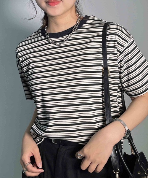AS KNOW AS plus(アズノゥアズプラス)の「〇マルチボーダー半袖Tシャツ【接触冷感】(Tシャツ/カットソー・レディース・グレー系/ホワイト系/グリーン系/ブラック系・FREE)」の20枚目の写真