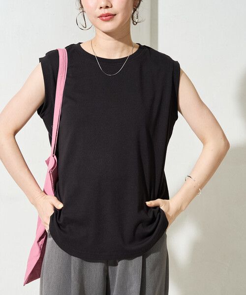 FREAK'S STORE（フリークスストア）の「限定展開　<抗菌防臭・接触冷感>MINT(ミント) クルーネック ノースリーブ Tシャツ（Tシャツ/カットソー・レディース・オリーブ/オレンジ/ピンク/ブラウン/ブラック/サックスブルー/オフホワイト・LARGE/MEDIUM/SMALL）」の2枚目の写真