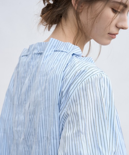 tageechita(タジチタ)の「【tageechita】アシンメトリー オフショルダー ドロスト ストライプブラウス(シャツ/ブラウス・レディース・ライトブルー/ベージュ・S/M/L)」の5枚目の写真