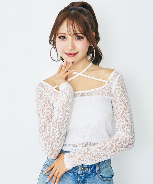 ANAP(アナップ)の「eggモデル せりなコラボ レーストップス(Tシャツ/カットソー・レディース・ホワイト/レッド/ブラック/ブルー・XS/S)」の1枚目の写真