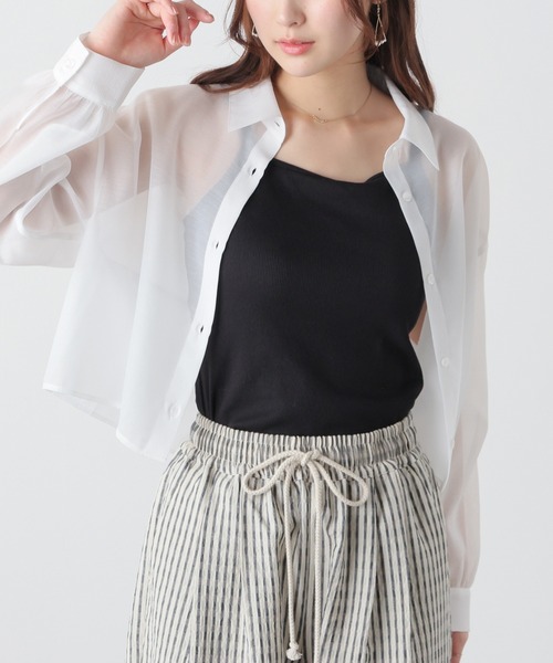 Honeys（ハニーズ）の「ショート丈シアーシャツ（シャツ/ブラウス・レディース・グレー/ホワイト/ブラウン/ブラック/グリーン/スミクロ・L/M/S）」の9枚目の写真