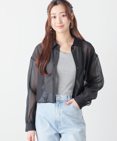 Honeys（ハニーズ）の「ショート丈シアーシャツ（シャツ/ブラウス・レディース・グレー/ホワイト/ブラウン/ブラック/グリーン/スミクロ・L/M/S）」の12枚目の写真