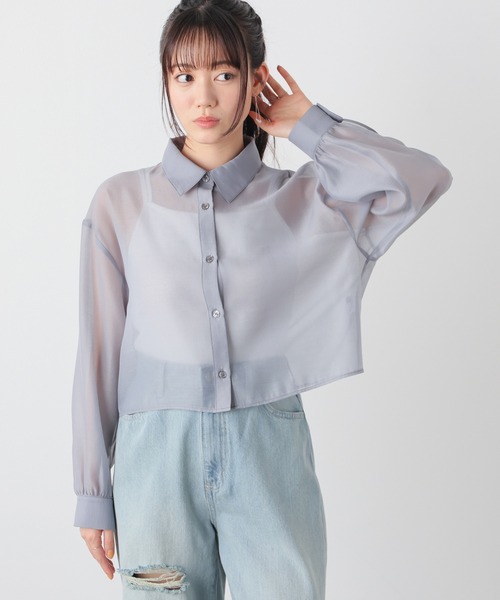 Honeys（ハニーズ）の「ショート丈シアーシャツ（シャツ/ブラウス・レディース・グレー/ホワイト/ブラウン/ブラック/グリーン/スミクロ・L/M/S）」の18枚目の写真