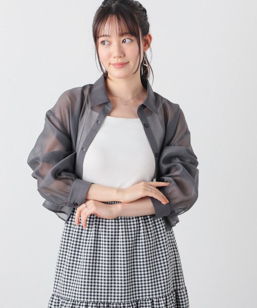 Honeys（ハニーズ）の「ショート丈シアーシャツ（シャツ/ブラウス・レディース・グレー/ホワイト/ブラウン/ブラック/グリーン/スミクロ・L/M/S）」の22枚目の写真