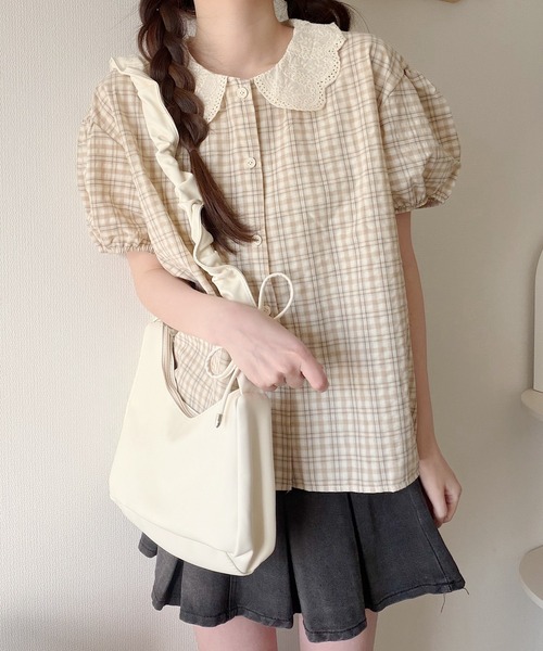 Nana(ナナ)の「レース襟パフスリーブチェックブラウス(シャツ/ブラウス・レディース・カーキ/ベージュ・FREE)」の4枚目の写真