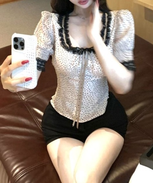 ViViDAY（ビビデー）の「フロントリボン　レース切り替えデザイン　ドット柄ブラウス（シャツ/ブラウス・レディース・アイボリー・M）」の13枚目の写真
