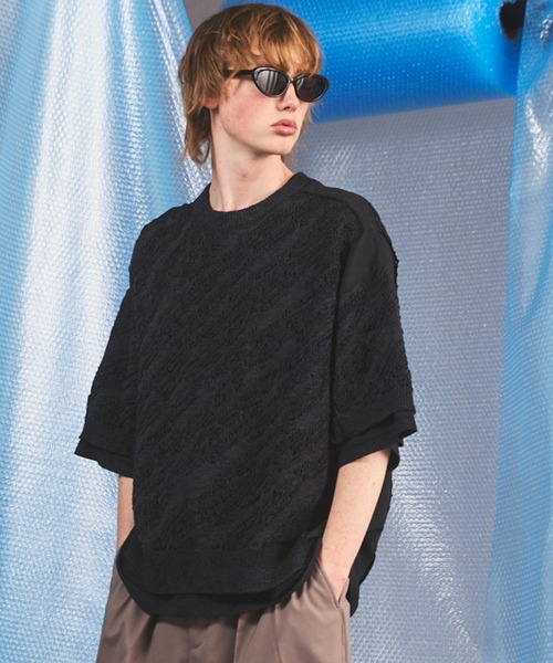 UNISEX》Sheer Fabric Docking Prime-Over Short-sleeved Knit T-shirt