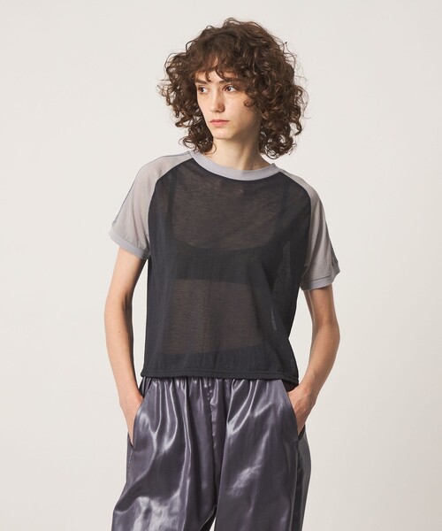 6(ロク)の「<6(ROKU)>コットンナイロン ショルダー ステッチ Tシャツ(Tシャツ/カットソー・レディース・ダークグレー/レッド・FREE)」の2枚目の写真