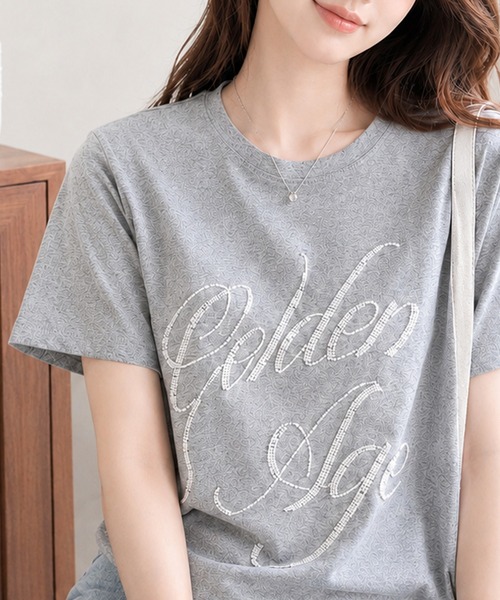 Megil(メギル)の「ビーズロゴTシャツ(Tシャツ/カットソー・レディース・イエロー/グレー/ホワイト/ブラック・MEDIUM)」の3枚目の写真