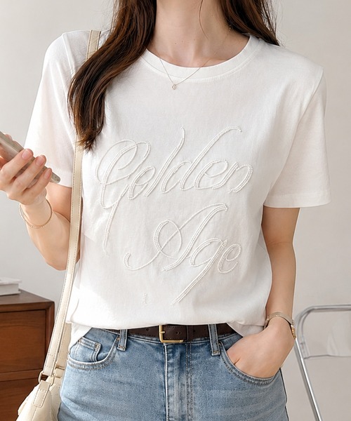 Megil(メギル)の「ビーズロゴTシャツ(Tシャツ/カットソー・レディース・イエロー/グレー/ホワイト/ブラック・MEDIUM)」の2枚目の写真