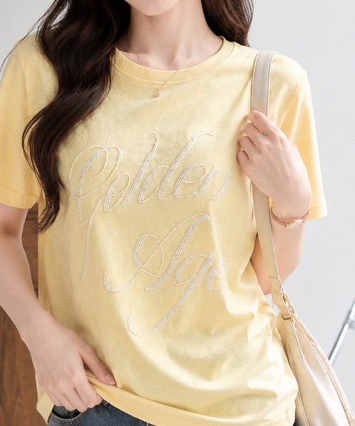 Megil(メギル)の「ビーズロゴTシャツ(Tシャツ/カットソー・レディース・イエロー/グレー/ホワイト/ブラック・MEDIUM)」の4枚目の写真