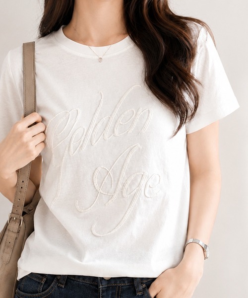 Megil(メギル)の「ビーズロゴTシャツ(Tシャツ/カットソー・レディース・イエロー/グレー/ホワイト/ブラック・MEDIUM)」の5枚目の写真