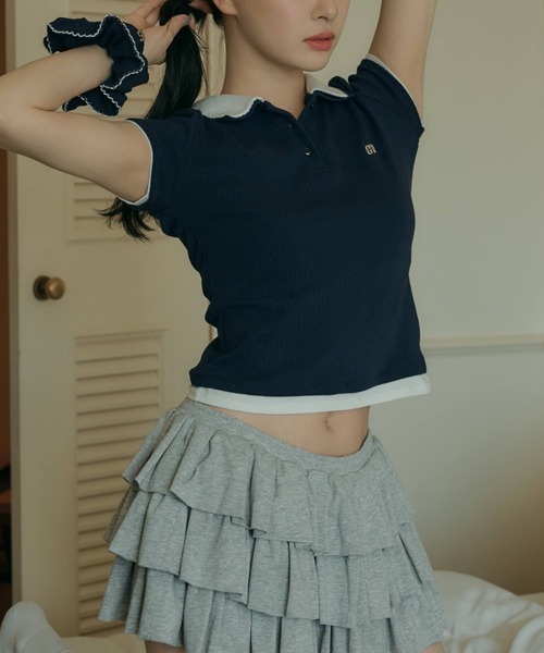 GRVRGROVE（グローブ）の「【JAPAN EXCLUSIVE】YUNA LAYERED PIQUE SHIRT & SCRUNCH（Tシャツ/カットソー・レディース・PINK/Navy・フリー）」の3枚目の写真