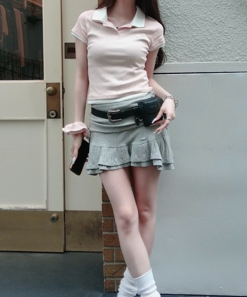 GRVRGROVE（グローブ）の「【JAPAN EXCLUSIVE】YUNA LAYERED PIQUE SHIRT & SCRUNCH（Tシャツ/カットソー・レディース・PINK/Navy・フリー）」の5枚目の写真