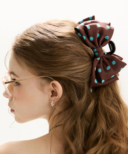 サテン ダブルリボン ベビーヘアクリップ ヘアピン ヘアゴム ヘアアクセサリー サテンドットダブルリボンクリップピン _ ブラウン（ヘアバンド）｜VVV