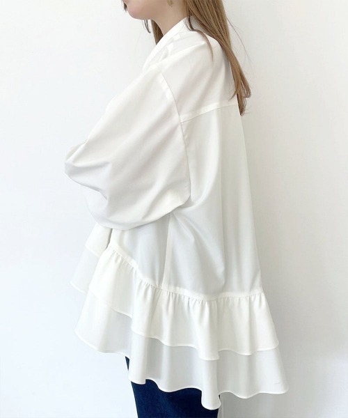 F i.n.t（フィント）の「【UVカット】ラッフルヘムUVカットオーバーシャツ/fint フィント（シャツ/ブラウス・レディース・オフホワイト/ライトグレー・FREE）」の7枚目の写真