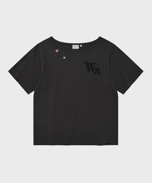 Wacky WiLLy(ワッキーウィリー)の「WOMEN'S GRAPHIC BUTTON OFF-SHOULDER SHORT SLEEVE T-SHIRT(Tシャツ/カットソー・レディース・チャコールグレー/ブラック・FREE)」の1枚目の写真