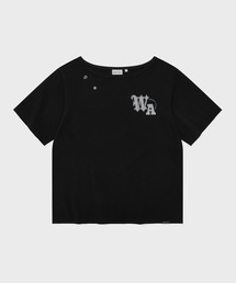 WOMEN'S GRAPHIC BUTTON OFF-SHOULDER SHORT SLEEVE T-SHIRT