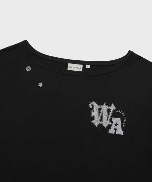 Wacky WiLLy(ワッキーウィリー)の「WOMEN'S GRAPHIC BUTTON OFF-SHOULDER SHORT SLEEVE T-SHIRT(Tシャツ/カットソー・レディース・チャコールグレー/ブラック・FREE)」の5枚目の写真