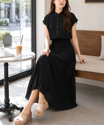 ウエストシャーリングで美シルエットを演出 ウエストシャーリングプリーツノースリーブワンピース