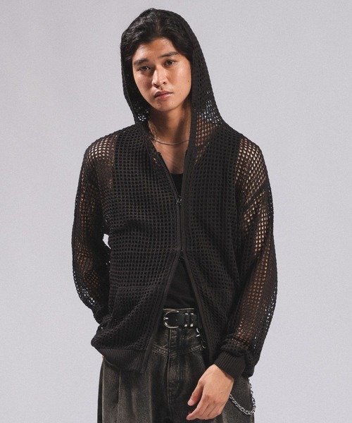RAGEBLUE（レイジブルー）の「LOOSE MESH ZIP-UP HOODIE/ルーズメッシュZIPパーカー（パーカー・メンズ・ブラック/グレー・FREE）」の12枚目の写真