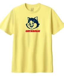 Moftique(モフティック) 半袖Tシャツ ロゴ キャットイラスト 猫 アニマル プリント 5.6オンス トップス カットソー レディース