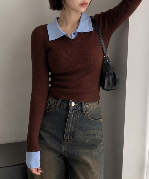 CLOTHY(クロシィ)の「【配色レイヤードで、いつものコーデをひとクセ可愛く】バイカラー ヘンリーネック ニットトップス(ニット/セーター・レディース・ブラウン・FREE)」の3枚目の写真