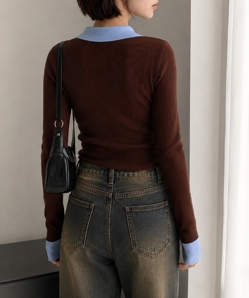 CLOTHY(クロシィ)の「【配色レイヤードで、いつものコーデをひとクセ可愛く】バイカラー ヘンリーネック ニットトップス(ニット/セーター・レディース・ブラウン・FREE)」の5枚目の写真