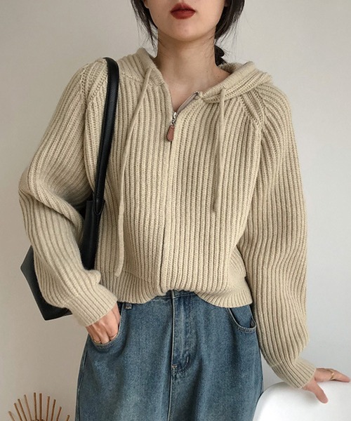 ADDITION STORE（アディションストア）の「ざっくり フルジップニットパーカー（ニット/セーター・レディース・ピンク/グレー/オフホワイト/パープル/ベージュ/ライトグリーン・FREE）」の3枚目の写真