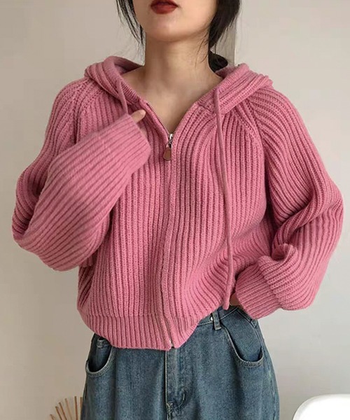 ADDITION STORE（アディションストア）の「ざっくり フルジップニットパーカー（ニット/セーター・レディース・ピンク/グレー/オフホワイト/パープル/ベージュ/ライトグリーン・FREE）」の6枚目の写真