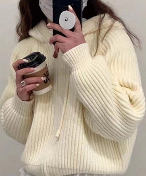 ADDITION STORE（アディションストア）の「ざっくり フルジップニットパーカー（ニット/セーター・レディース・ピンク/グレー/オフホワイト/パープル/ベージュ/ライトグリーン・FREE）」の10枚目の写真