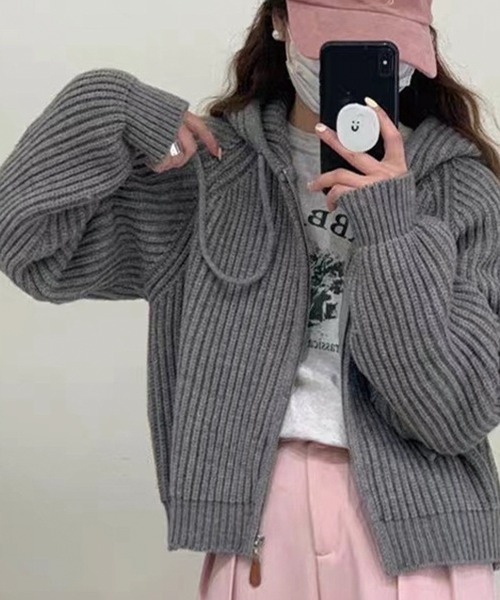 ADDITION STORE（アディションストア）の「ざっくり フルジップニットパーカー（ニット/セーター・レディース・ピンク/グレー/オフホワイト/パープル/ベージュ/ライトグリーン・FREE）」の11枚目の写真