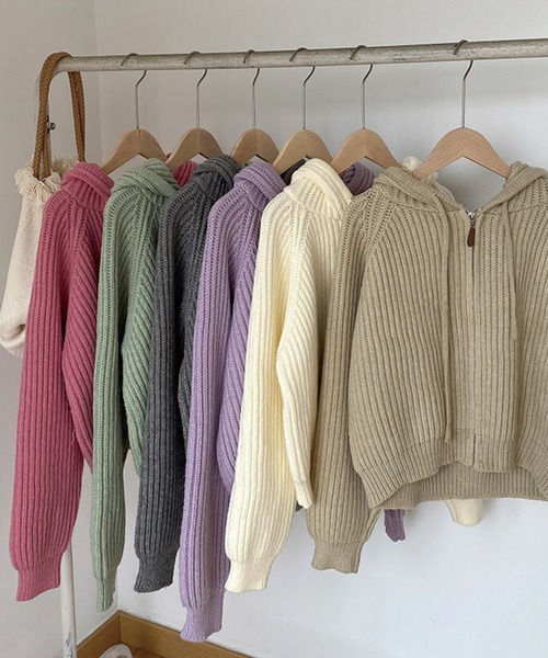 ADDITION STORE（アディションストア）の「ざっくり フルジップニットパーカー（ニット/セーター・レディース・ピンク/グレー/オフホワイト/パープル/ベージュ/ライトグリーン・FREE）」の12枚目の写真