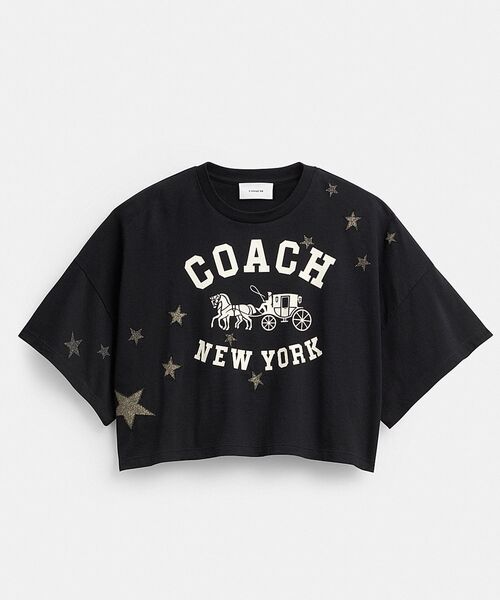 COACH NEW YORK 長袖カットソー ブラック スター ショート スリーブ ワイド クロップド クルーネック Tシャツ